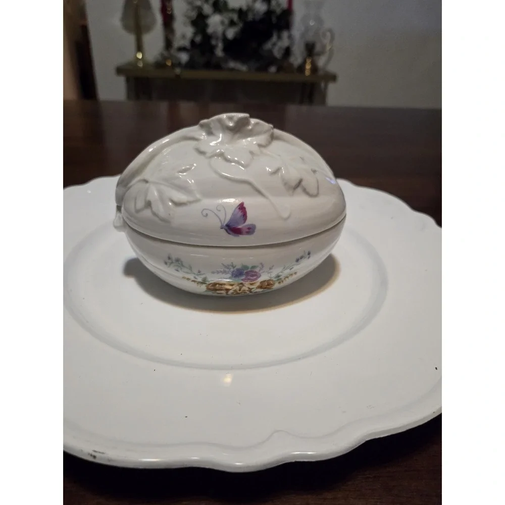 Vintage Charles Revson Inc Ciara Porcelain Egg Trinket Dish Featuring butterflie